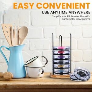 Tumbler Lid Organizer, Compact, holds 10 lids, Bamboo Base, Sturdy, Easy Set-up